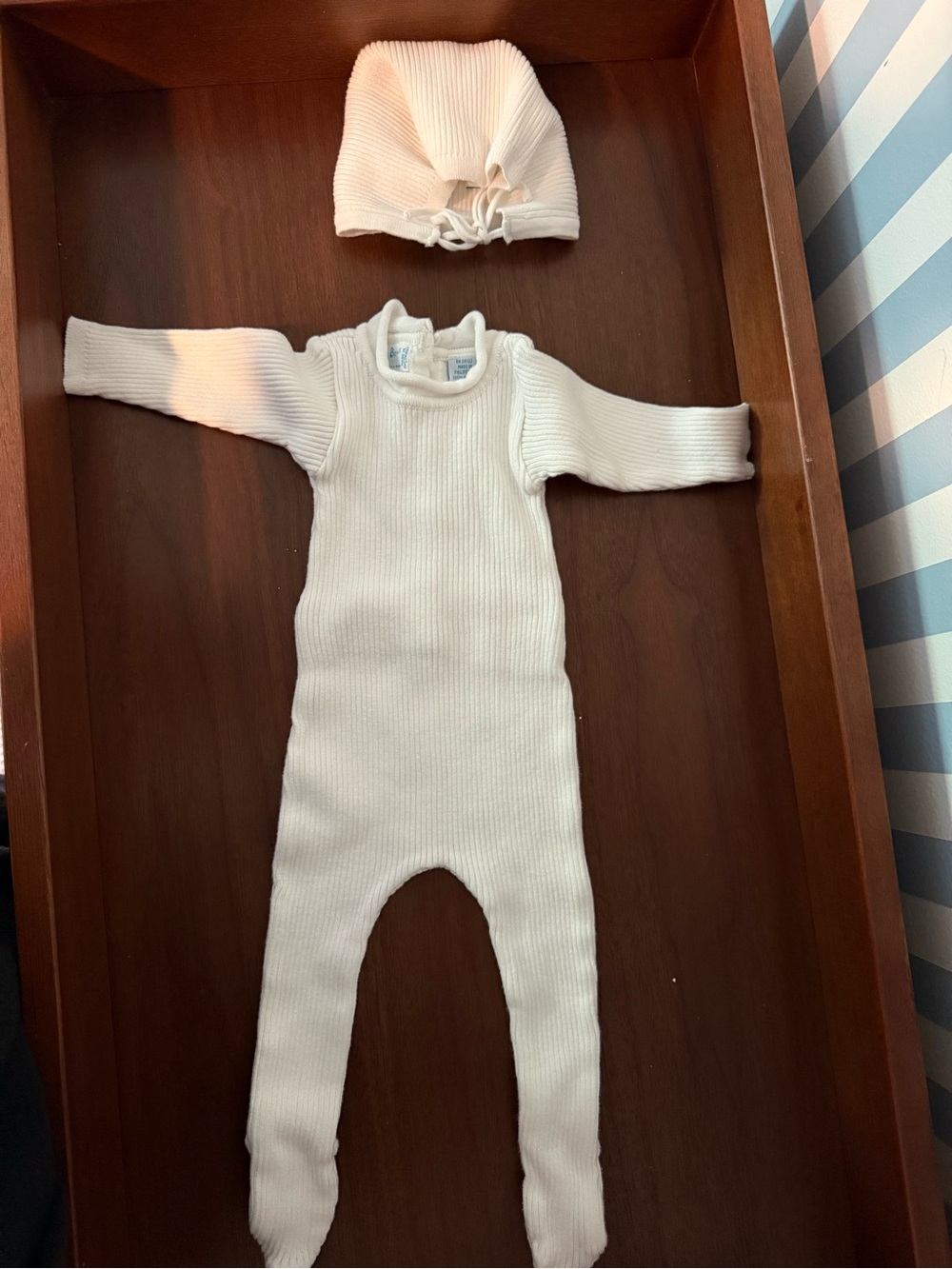 Ribbed Cream Baby Footed One-Piece with Matching Hat